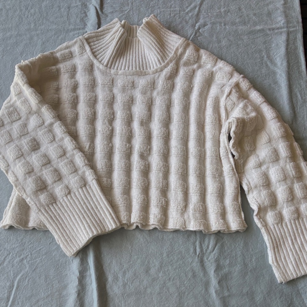 We The Free Cream Textured Cropped Turtleneck Sweater